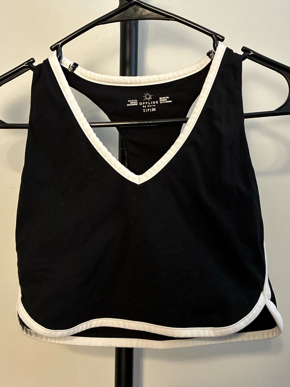 aerie offline Black Sports Tank Bra White Trim Real Me Minimal Support small